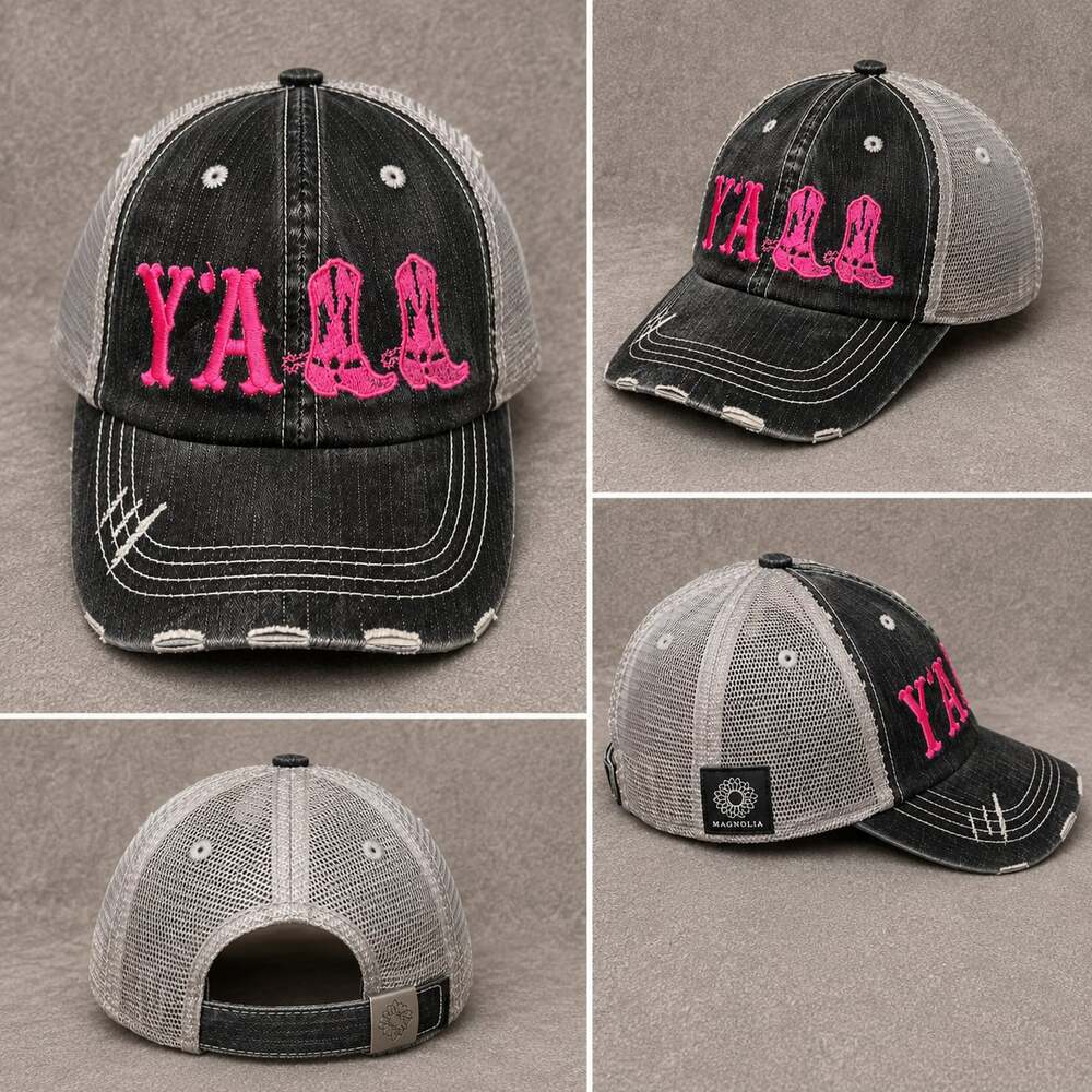 Katydid Y'ALL Pink Cowboy Boots Distressed Trucker Hat